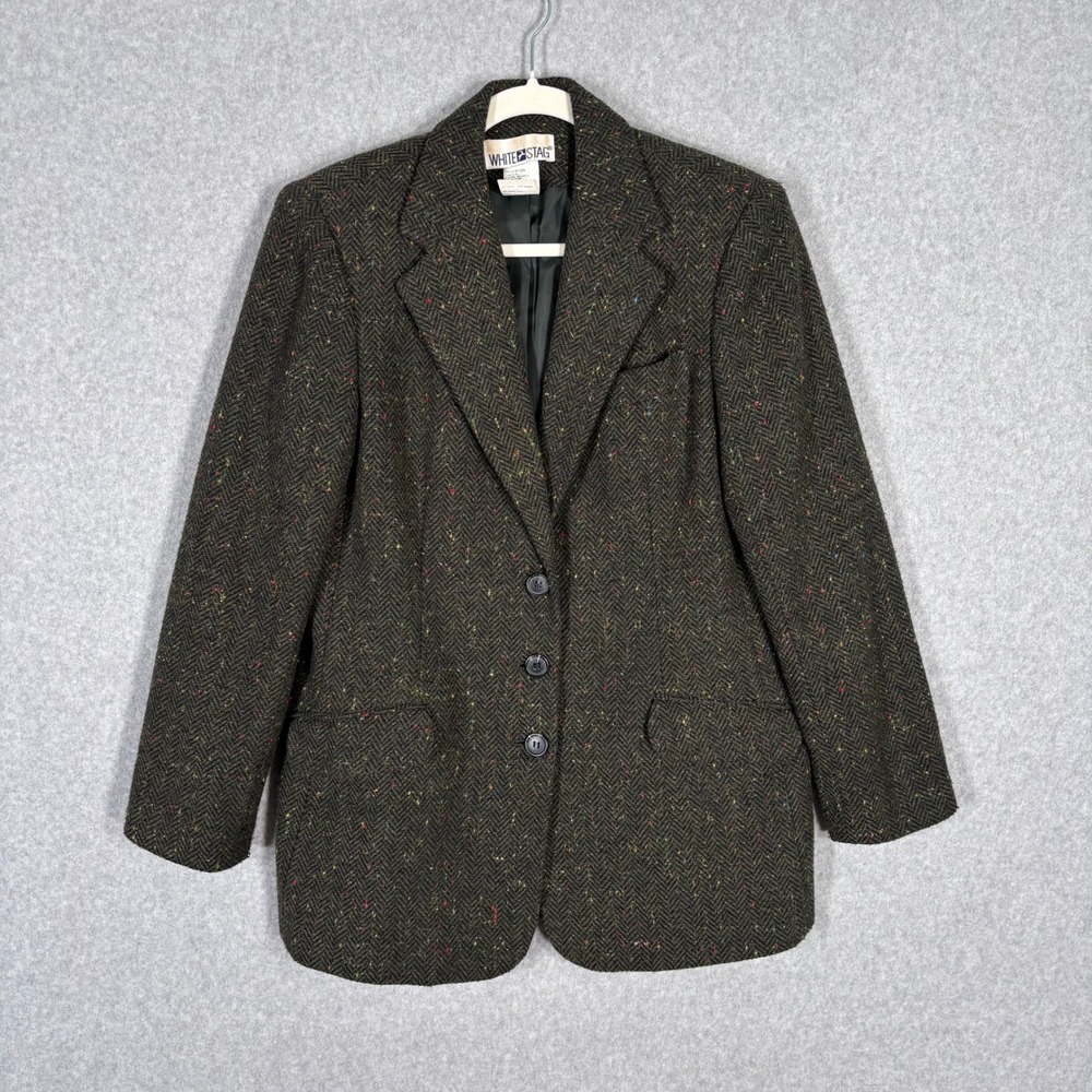 VTG White Stag Tweed Wool Blazer Size 6 Green Herringbone Academia Fleck 90s 80s